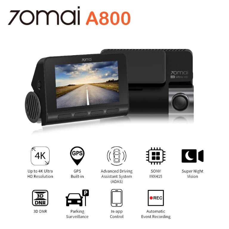 Xiaomi 70mai A800S 4K Dash Camera Built-in GPS with ADAS: Feature: Super High Resolution of 4K UHD and 3D DNR Superior Night Vision: Work together to achieve a superior all-day vision. Dual-channel Clear Recording: Front 4K UHD + rear 1080P provide all-round protection especially in rear end collision disputes. 24-Hour Parking Surveillance: Keep monitoring when you are away. Built-in GPS: Monitors real-time trip data and tracks the exact location if an accident happens. Easy to Install & Emergency Recording & Loop Recording & App Control: Some basic functions that can accomplish a primary service of a dash cam. Specification: Brand: Xiaomi 70mai Product: Dash Cam Model: A800s Languages: Spanish, English, Portuguese, Japanese, Russian and Korean Image: Sensor: SONY IMX415 Resolution: 3840x2160p 4K FOV: 140º Camera lens / aperture: 7G / F1.8 Technical parameters: Chipset: SigmaStar SSC8629G Screen: 3 “IPS 854 x 480 p Storage: Supports Micro SD up to 256GB Battery: 500 mAh Functions: ADAS (Advanced Driver Assistance System) Control via APP Built-in GPS What’s in the box: 1 x Xiaomi 70mai A800s 4K Dash Cam 1 x Support 1 x Power Cable 1 x Charger 2 x Electrostatic sticker 1 x Adhesive sticker 1 x User Manual