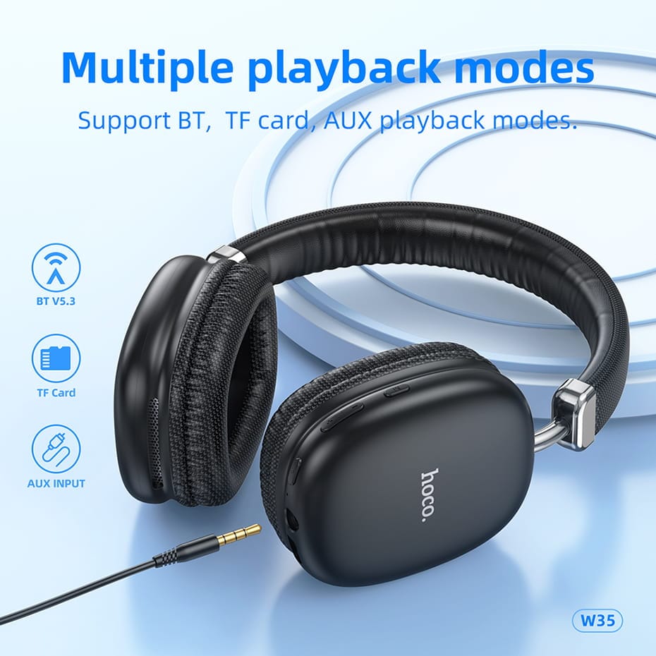 HOCO W35 Bluetooth Headphone: Feature: LED indicator Standby time more than 200 hours. Play time 40 hours of continuous use. Interface charging type-C USB. Supported protocol A2DP, AVRCP, HSP, HFP. Specification: Brand: Hoco Model: W35 Bluetooth 5.3 Chip: jlac7006 Battery capacity: 400mah Charging about 2 hours Use or tempo: 40 hours Size: 193*170*76mm Weight: 193g 