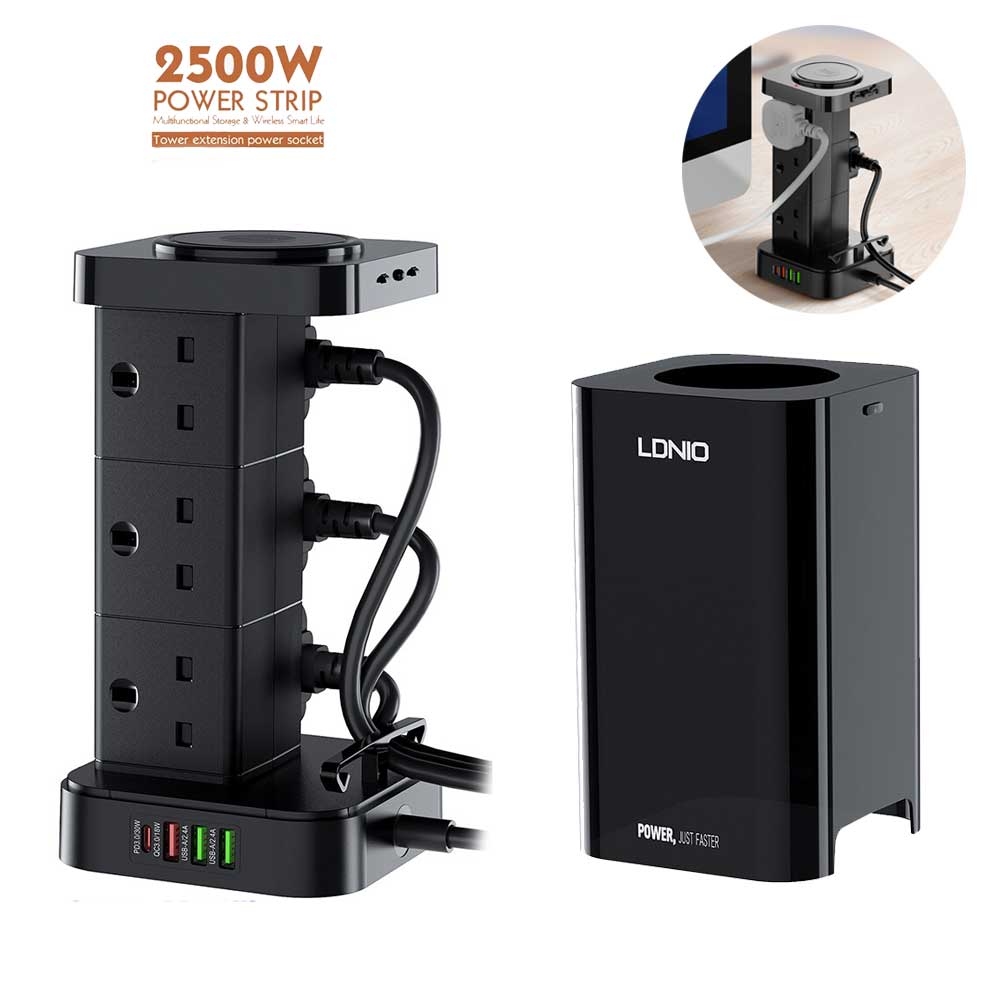 LDNIO SKW6457 6 Outlet USB Tower Extension Power Socket with 15W Wireless Charger