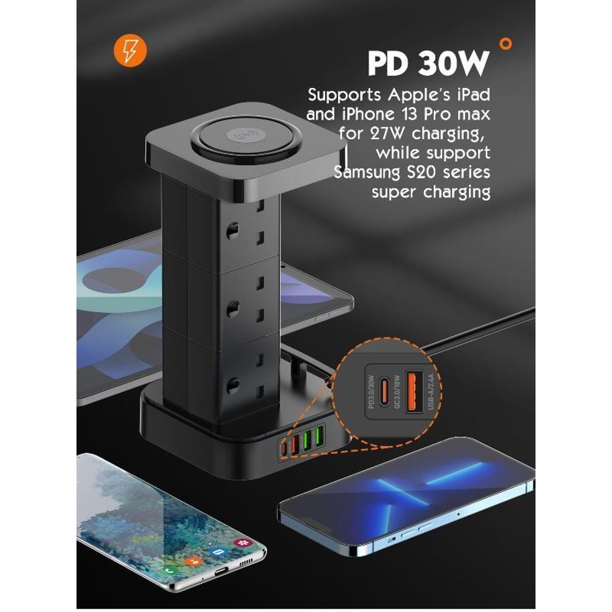 LDNIO SKW6457 6 Outlet USB Tower Extension Power Socket with 15W Wireless Charger