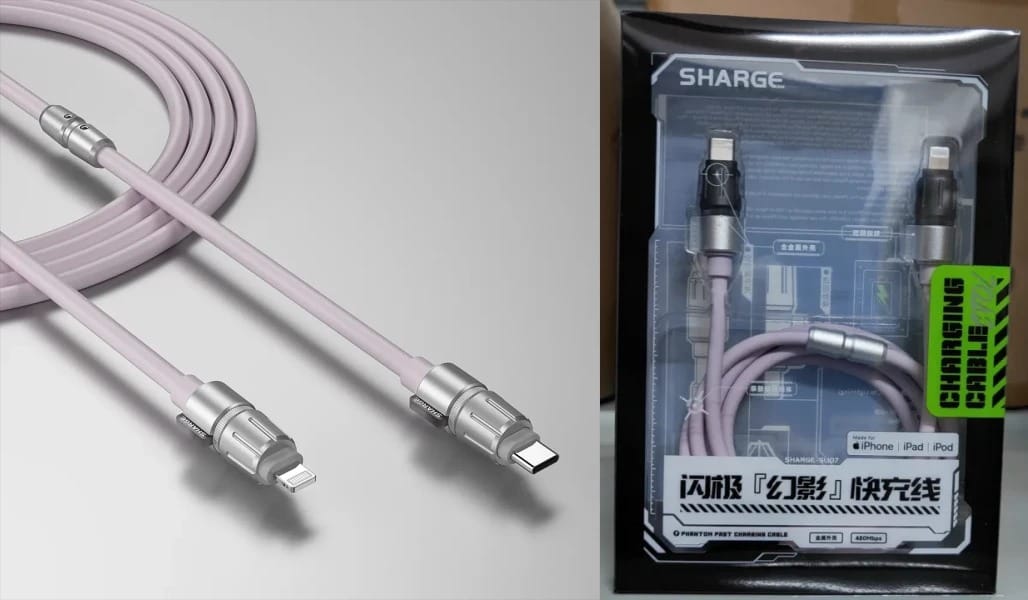Shargeek SL107 USB-C to Lightning Cable MFI Certified: Feature: USB-C to Lightning phantom cable Material: Aluminum alloy + TPE + Silicone Color: White; Yellow; Purple Dimension: Length: 1.2m Max Current: 3A Transfer Speed: 480Mbps MFi certified: yes