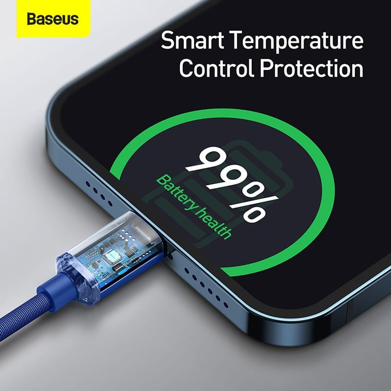 Baseus Crystal Shine Series 20W Fast Charging Type-C to Lightning Cable: Feature: Brand: Baseus Name: Baseus Crystal Shine Series Fast Charging Data Cable Type-C to iP 20W Crystal appearance design Glossy appearance and fast charging at low temperatures offer you a new charging experience. 20W fast charging Apple It supports PD 20W fast charge and backwards compatibility, without pop-up windows. Smart recognition chip Smart recognition of fast charging devices helps it control current and voltage properly and ensure safe fast charge. 480 Mbps of transmission rate The speed is as fast as 480 Mbps, fast charging/fast data transfer. Braided-fabric cable Tight braids for a practical use yet minimalist. Name Baseus Crystal Shine Series Fast Charging Data Cable Type-C to iP 20W Color Black/Blue/Purple Material Aluminum alloy casing + Braided-fabric cable Power PD 20W