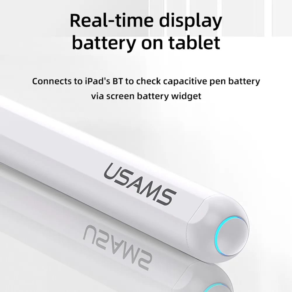 USAMS US-ZB254 Magnetic Wireless Charging Capacitive Stylus Pen: Feature: Material: ABS+POM Bluetooth version: 5.0 Lithium battery capacity: 130mAh Wireless charging power: 0.5W Charging time: about 90min Working time: about 9 hours Sensing distance: about 1mm Magnetic charging, instant charging Connect the iPad to Bluetooth, and the iPad can display the power status in real time The pen head is made of wear-resistant POM material, which can be disassembled and replaced Intelligent power-saving design, detects no operation for 5 minutes, automatically sleeps to save power Applicable models: For iPad mini (6th generation) For iPad Air (4th generation) For iPad Air (5th generation) For iPad Pro 11-inch: (1st generation) For iPad Pro 11-inch (2nd generation) For iPad Pro 11-inch (3rd generation) For iPad Pro 11-inch (4th generation) For iPad Pro12.9-inch (3rd generation) For iPad Pro 12.9-inch (4th generation) For iPad Pro 12.9-inch (5th generation)