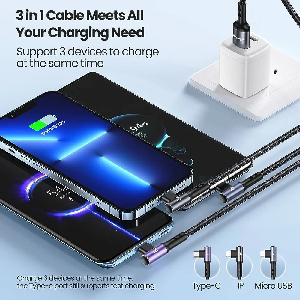 USAMS US-SJ561 U80 3IN1 Right-angle 66W Fast Charging & Data Cable