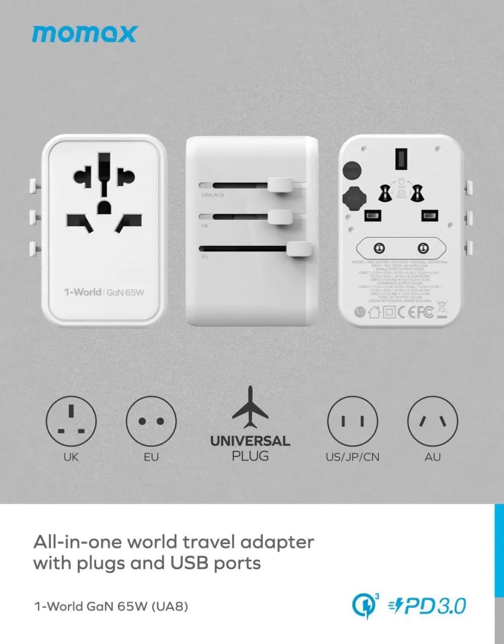 Momax UA8 1-World 65W GaN Travel Socket Adapter