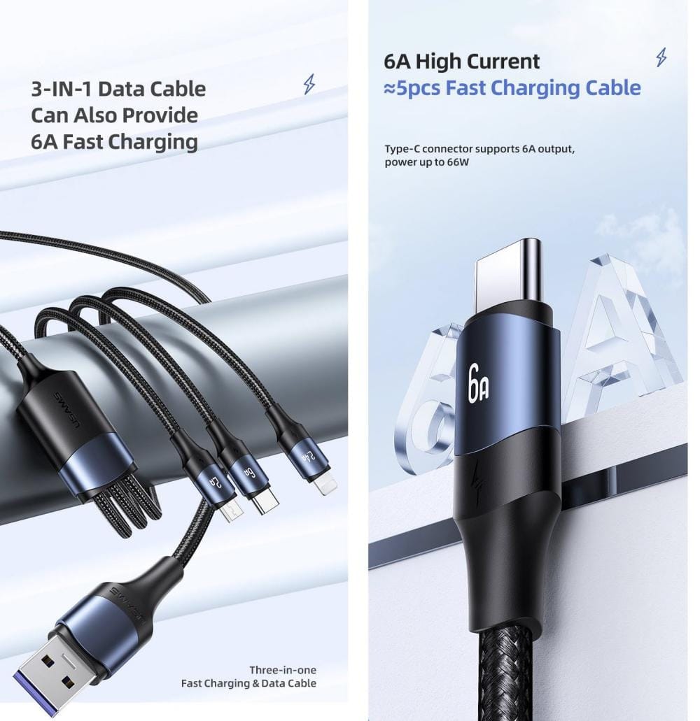 USAMS US-SJ561 U80 3IN1 66W Fast Charging & Data Cable