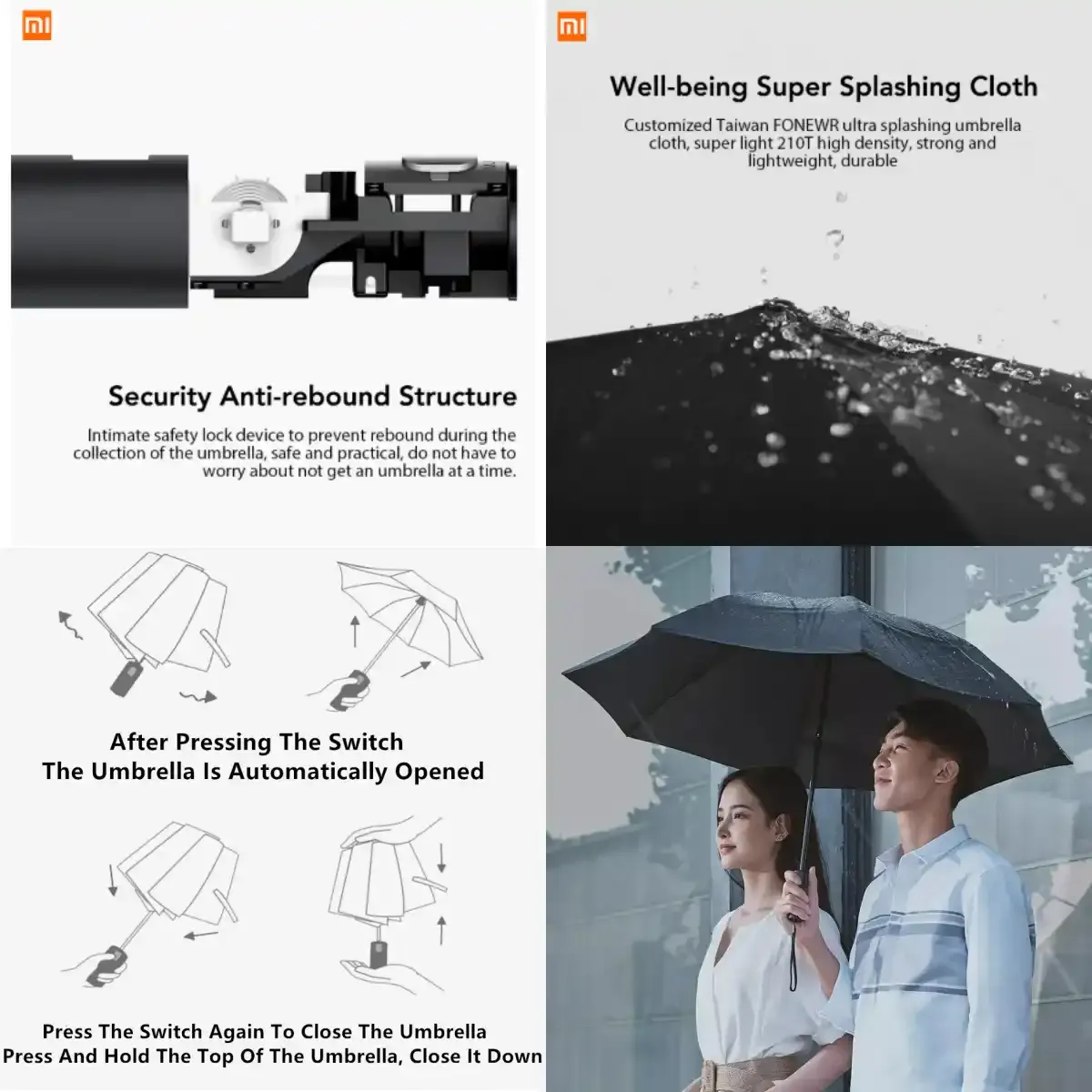 Xiaomi 90Fun Automatic Folding Reverse Umbrella with Flashlight
Product Description

Stay protected in any weather with the Xiaomi 90Fun Automatic Folding Reverse Umbrella with Flashlight—a smart, durable, and stylish umbrella built for modern outdoor life. Designed with a UV anti-sunscreen coating, it blocks harmful UV rays and lowers your somatosensory temperature by 3–7°C, keeping you noticeably cooler under the sun.

The innovative reverse folding mechanism ensures that the wet surface folds inward when closed, preventing water dripping and keeping your bag, car, or floor completely dry. Perfect for rainy days when convenience and cleanliness matter.

Built with a 6-grade wind-resistant umbrella frame, this umbrella stands firm against strong winds, making it a reliable companion for outdoor activities such as hiking, camping, fishing, running, or daily commuting.

Adding to its uniqueness, the umbrella comes with a built-in LED flashlight featuring an illumination distance of up to 10 meters—perfect for dark roads, nighttime travel, or emergency situations. Its built-in push switch ensures the flashlight won’t turn on accidentally.

Combining UV protection, wind resistance, reverse folding, and LED lighting, the Xiaomi 90Fun Automatic Folding Umbrella delivers comfort, safety, and convenience in one premium package.

Key Features

UV Anti-Sunscreen Coating reduces heat sensation by 3–7°C

Reverse Folding Design keeps water contained inside after closing

6-Grade Wind-Resistant Frame for strong stability in harsh weather

Built-in LED Flashlight with 10m illumination distance

Automatic Open/Close Mechanism for quick one-hand use

106cm Large Canopy — big enough to cover two people

All-Weather Protection suitable for both sun and rain

Lightweight, Durable & Travel-Friendly design

Specification Table
Category	Details
Brand	Xiaomi 90Fun
Model	Automatic Folding Reverse Umbrella
UV Protection	UV anti-sunscreen coating, 3–7°C temperature reduction
Folding Type	Reverse folding design
Wind Resistance	6-grade wind-resistant frame
Canopy Size	106 cm (suitable for 2 people)
Lighting	LED flashlight, 10m illumination distance
Switch Type	Built-in push switch (prevents accidental touch)
Usage	Sun & rain protection
Ideal For	Camping, hiking, fishing, travel, daily commute
Frequently Asked Questions (FAQs)
1. What is special about the reverse folding design?

The reverse folding mechanism keeps the wet surface inside when closed, preventing water from dripping and keeping your bag, car, and floor dry.

2. Does the umbrella provide UV protection?

Yes. The UV anti-sunscreen coating blocks harmful UV rays and reduces the perceived temperature by 3–7°C, keeping you cooler in sunlight.

3. How strong is the umbrella in windy conditions?

The umbrella features a 6-grade wind-resistant frame, making it stable and reliable even during strong winds.

4. What is the use of the built-in LED flashlight?

The LED light illuminates up to 10 meters, making it ideal for nighttime walking, emergency lighting, or outdoor activities in the dark.

5. Is the umbrella suitable for travel?

Absolutely. It is lightweight, compact, durable, and designed for all-weather use—perfect for travel, camping, hiking, and daily commuting.