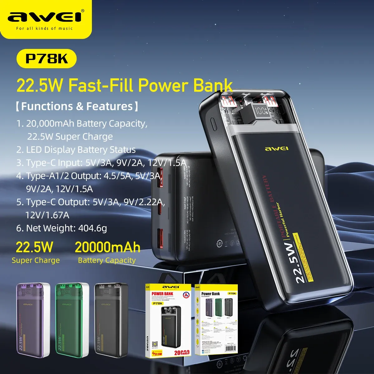 Awei P78K 20000mAh 22.5W Fast Charging Powerbank