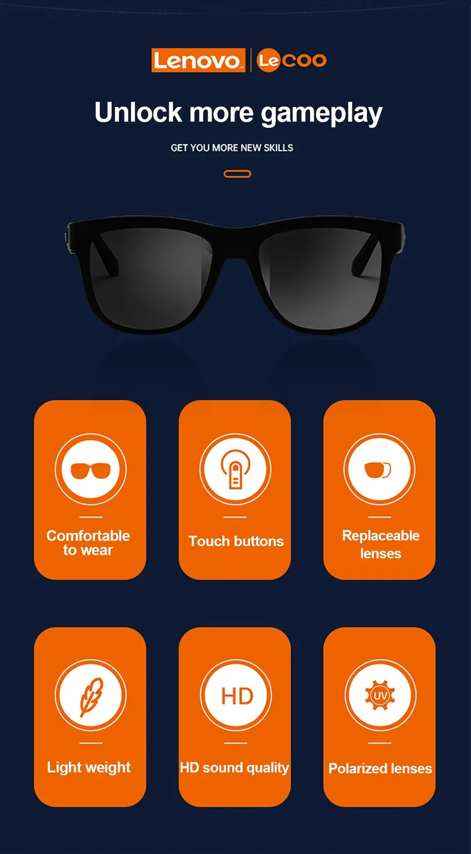Lenovo Lecoo C8 Lite Sunglasses Bluetooth 5.3 HD Call Eyeglasses Anti Blue