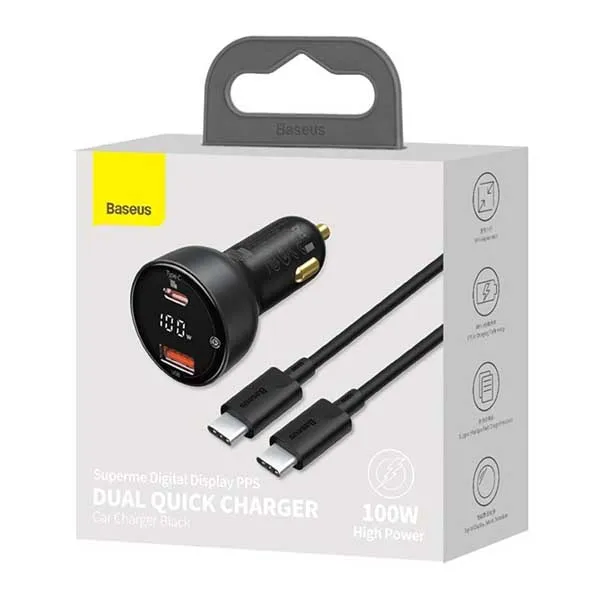 Baseus Supreme Digital Display PPS 100W USB Car Charger with Type C Cable Baseus Supreme Digital Display PPS 100W USB Car Charger with Type C Cable