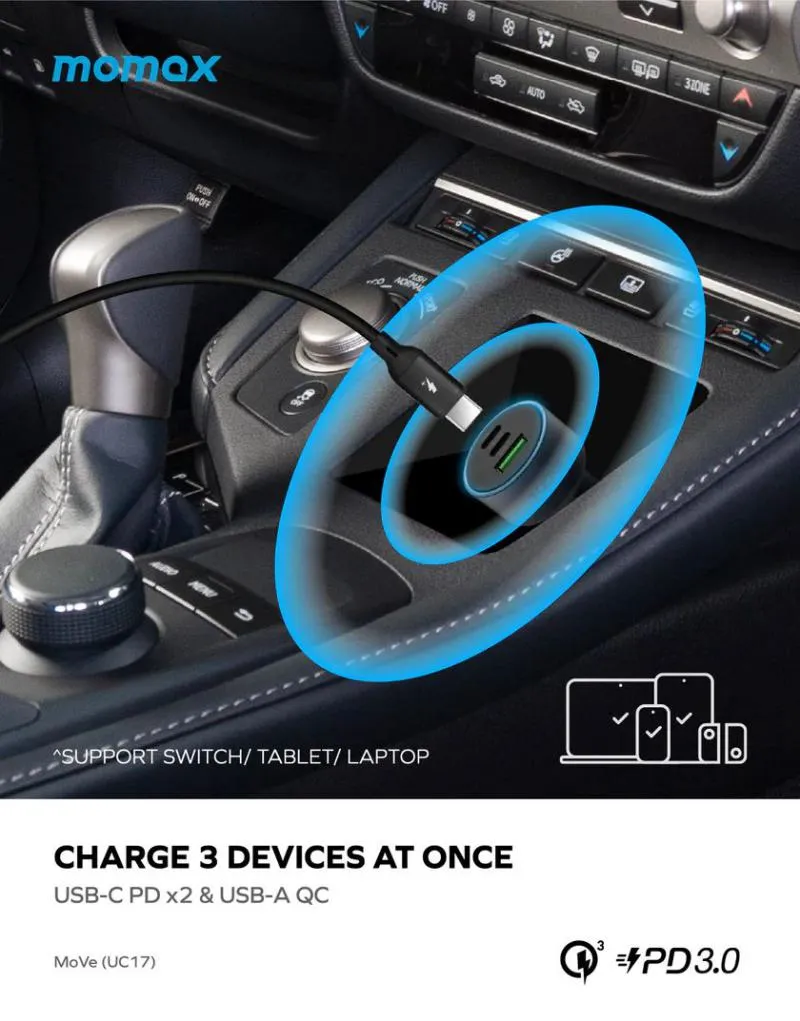 Momax UC17 MoVe 100W Triple Fast Charge Car Charger