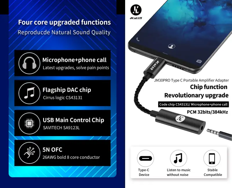 Jcally JM30 PRO Type C Male to 3.5mm Female Portable DAC Dongle