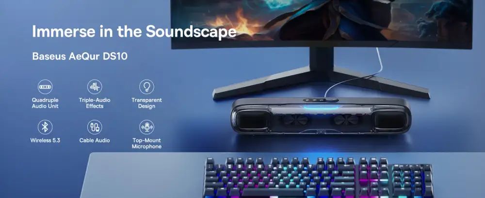 Baseus AeQur DS10 Mini Soundbar Desktop Bluetooth Speaker with RGB Light