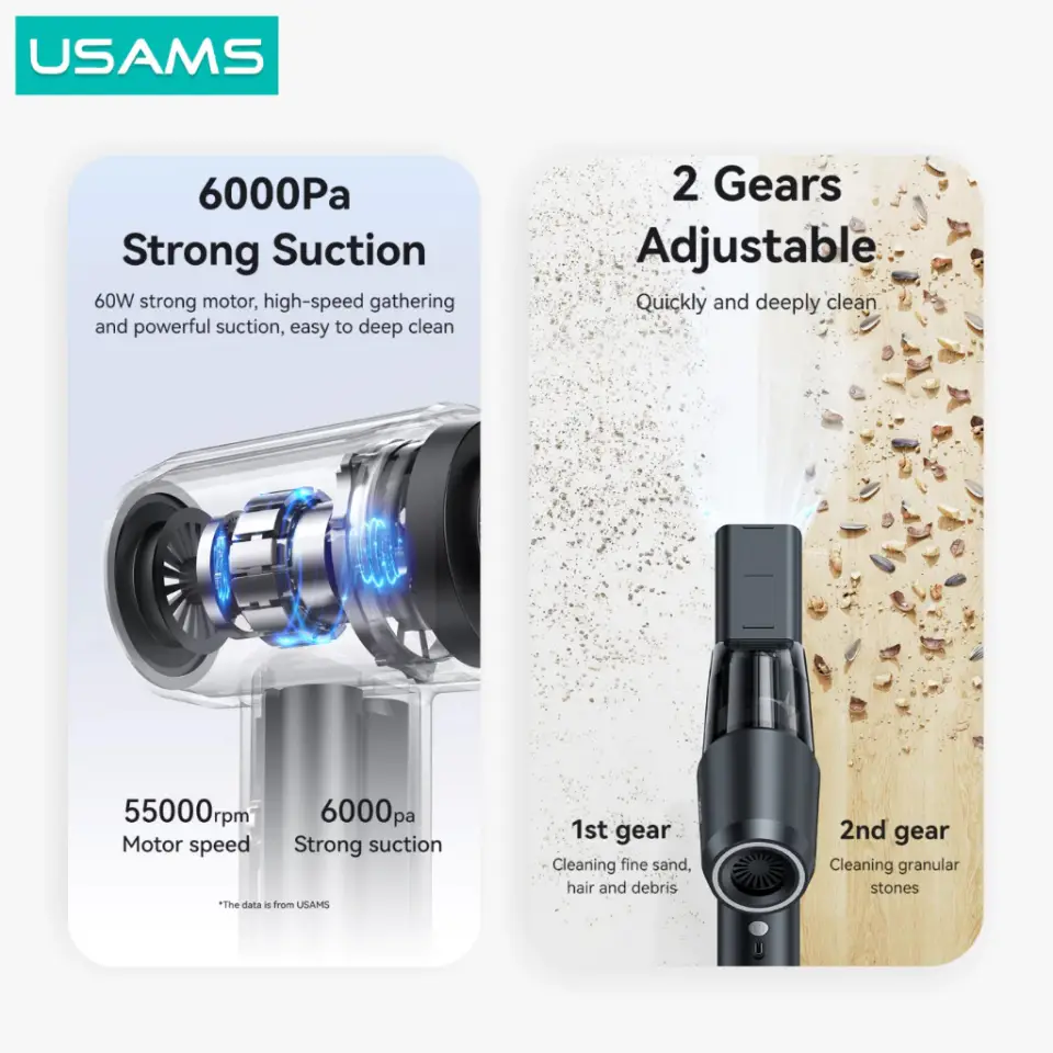 Usams ZB291 6 in 1 Cordless Handheld Car Vacuum Cleaner 
