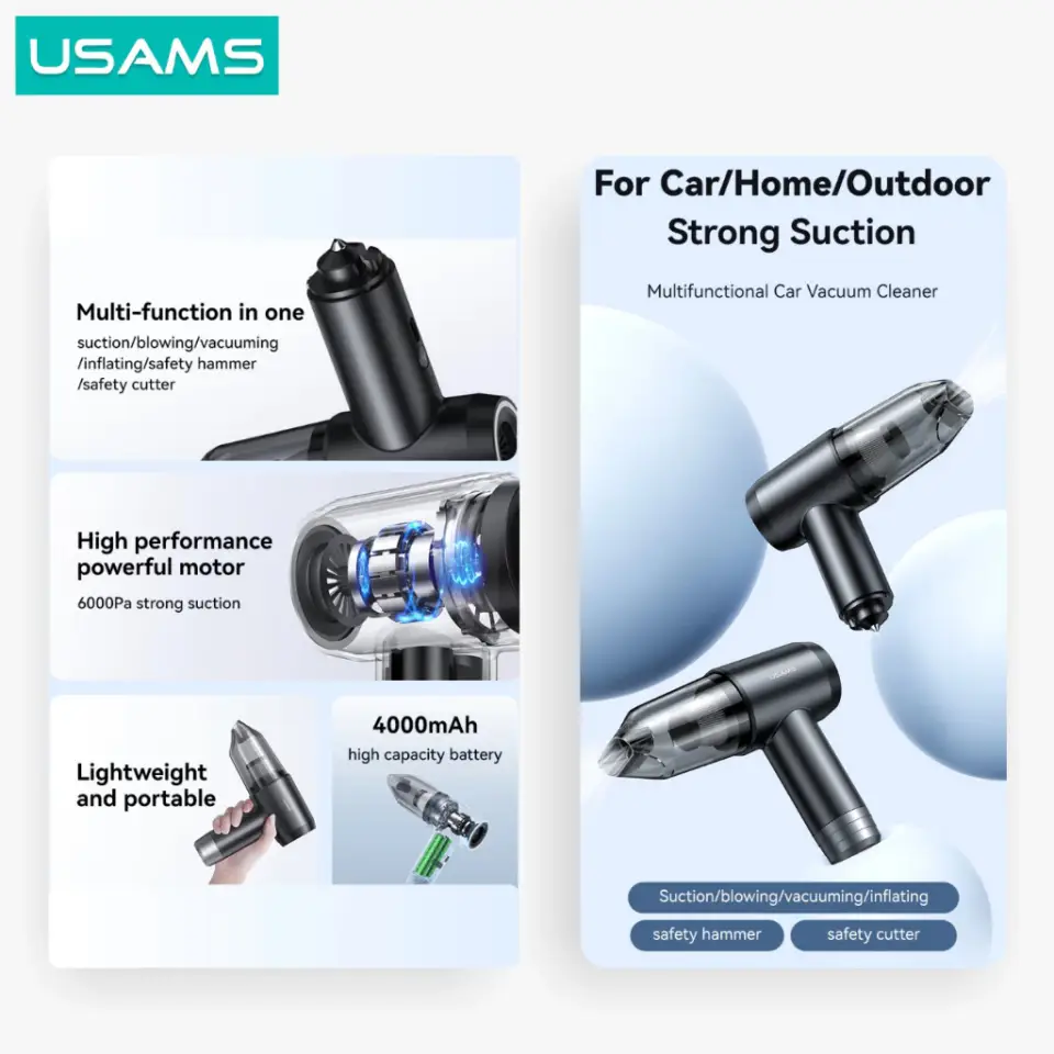 Usams ZB291 6 in 1 Cordless Handheld Car Vacuum Cleaner 