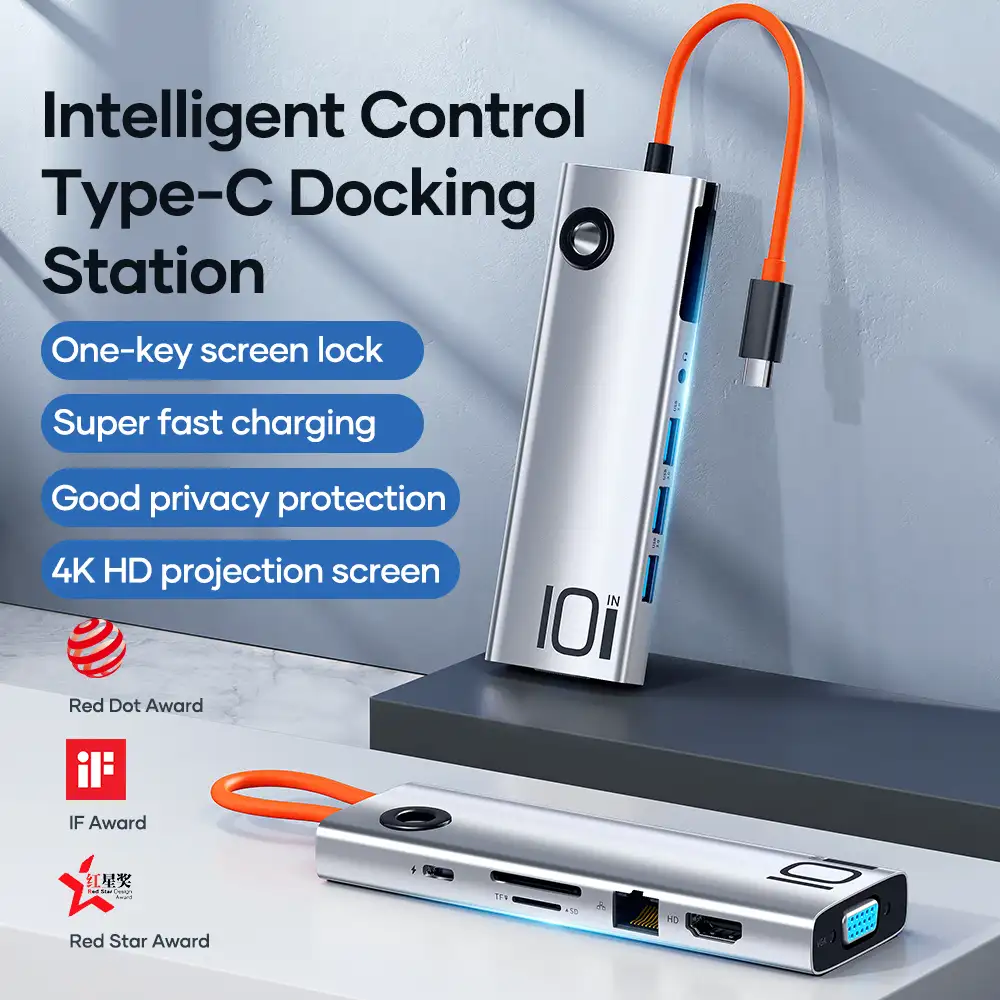 Rock TR30 10in1 Type-C To HDMI VGA Audio USB 3.0 SD TF LAN PD Docking Station Hub