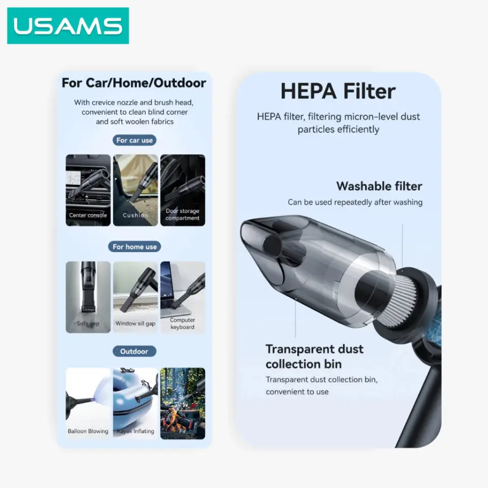 Usams ZB291 6 in 1 Cordless Handheld Car Vacuum Cleaner 