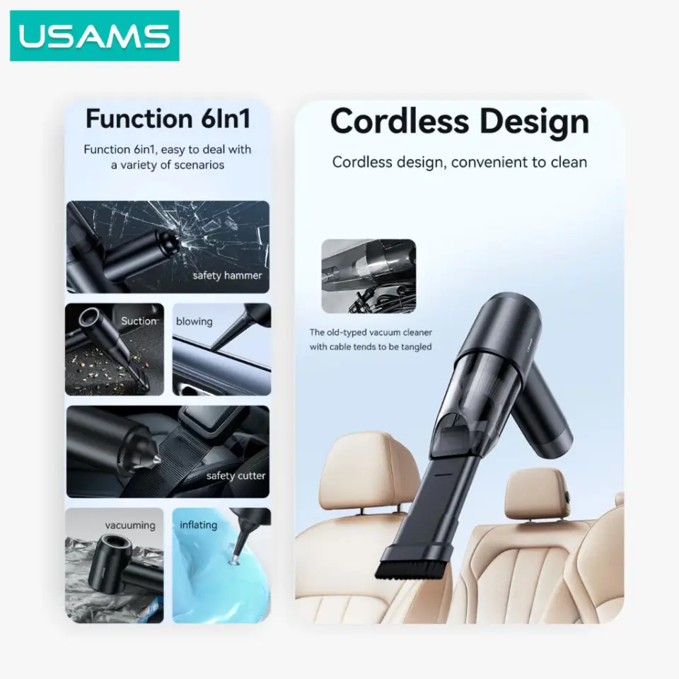 Usams ZB291 6 in 1 Cordless Handheld Car Vacuum Cleaner 