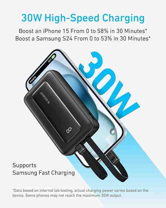 Anker Zolo Power Bank10000mAh 30W Max Fast Portable Charger with Built-in USB-C and MFi Certified Lightning Cables