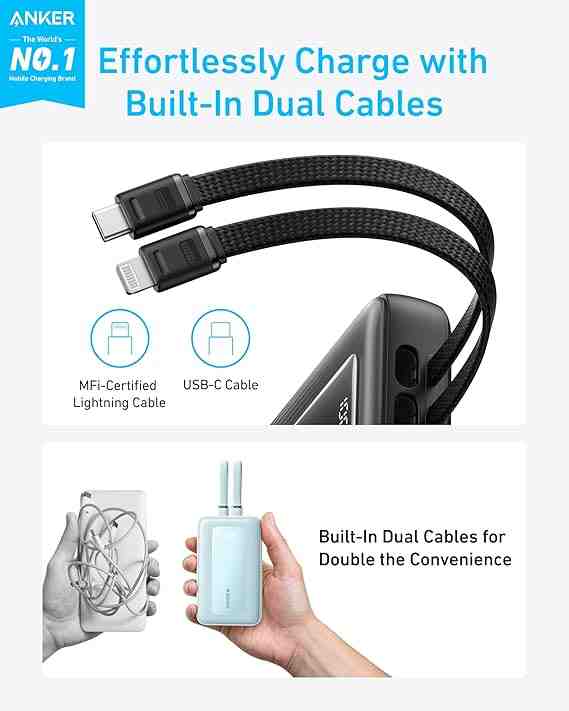 Anker Zolo Power Bank10000mAh 30W Max Fast Portable Charger with Built-in USB-C and MFi Certified Lightning Cables