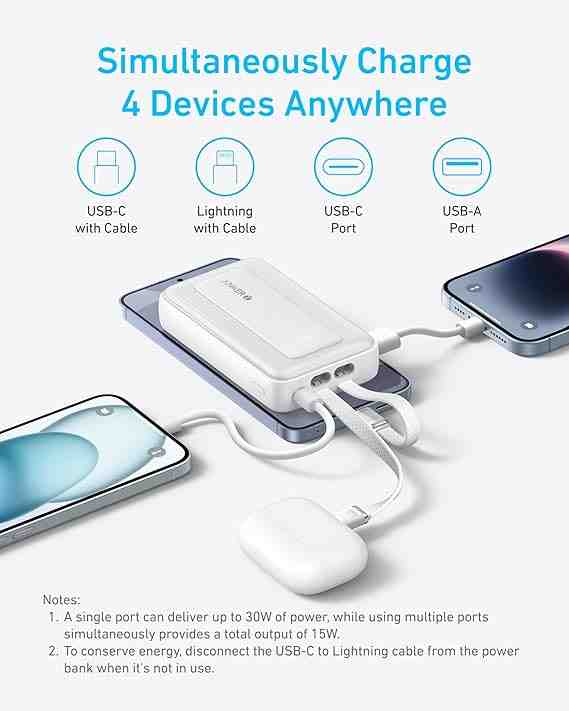 Anker Zolo Power Bank10000mAh 30W Max Fast Portable Charger with Built-in USB-C and MFi Certified Lightning Cables