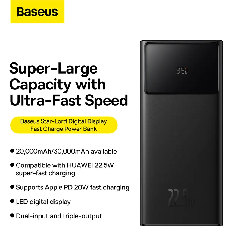 Baseus Power Bank 20000mAh 22.5W Star-Lord Digital Display Fast Charge with USB to Type-C 3A 0.3m Black Cable
