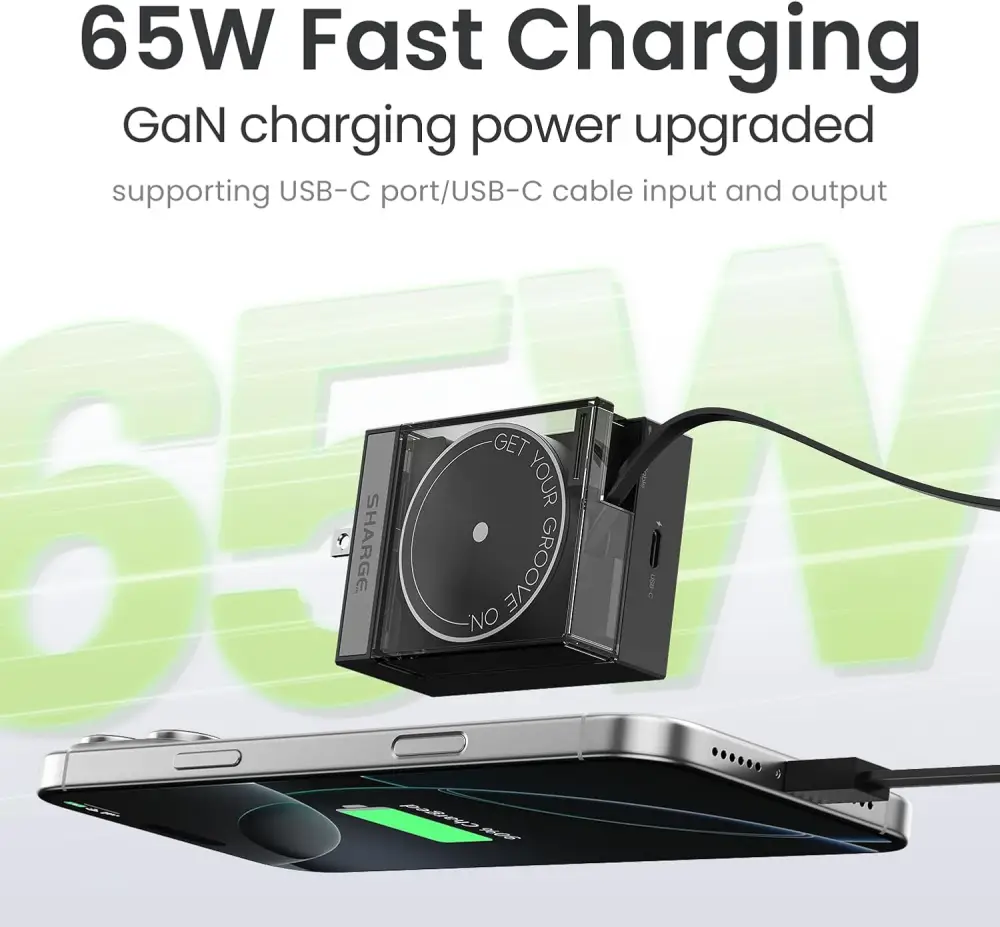 SHARGE Retractable 65W GaN Power USB C Wall Charger