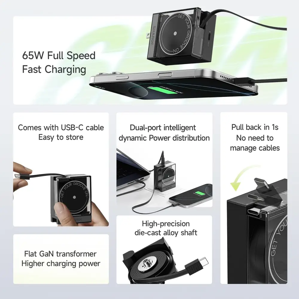 SHARGE Retractable 65W GaN Power USB C Wall Charger