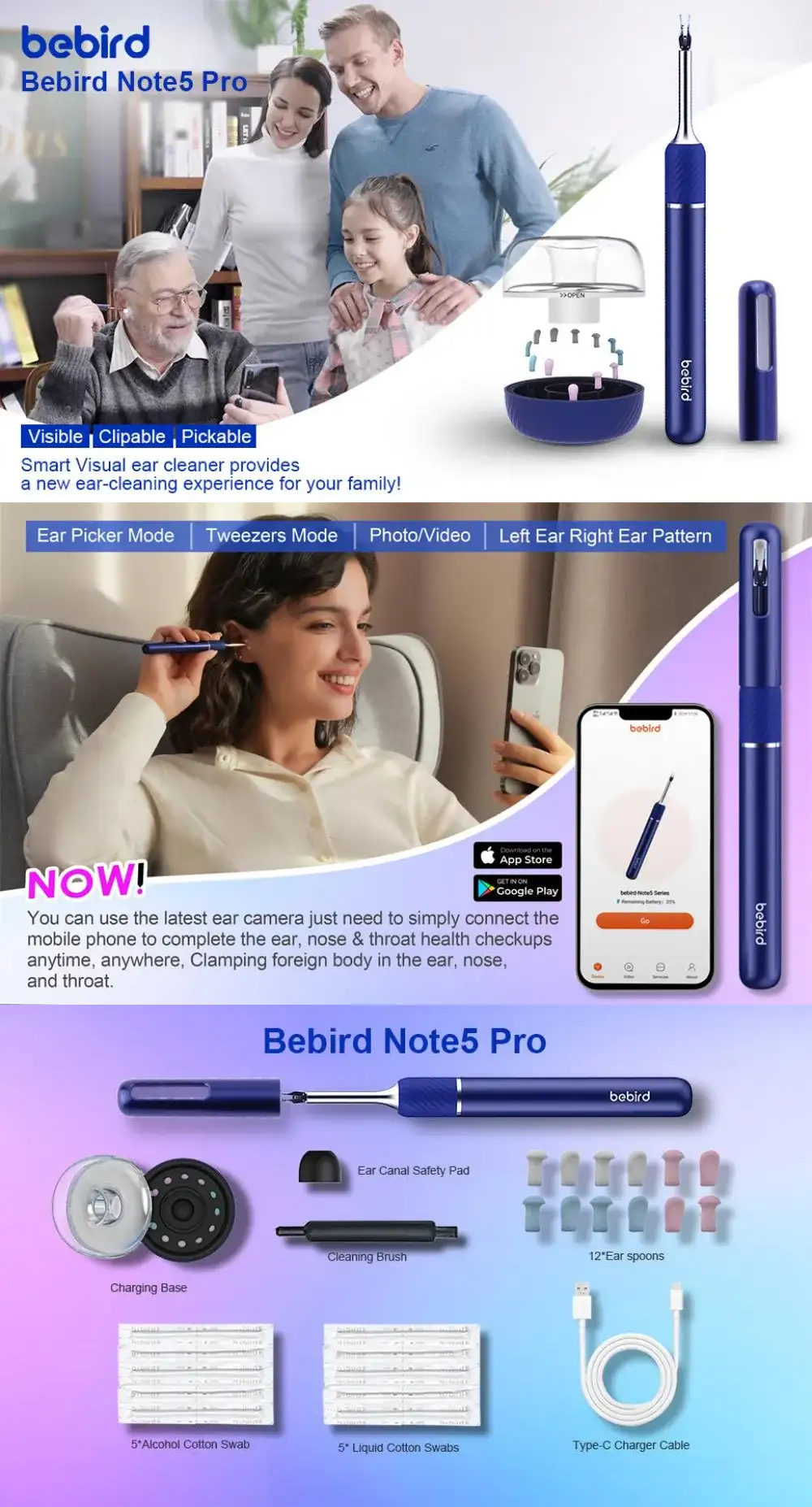 Bebird Note5 Pro Ear Wax Removal Tool Camera Ear Cleaner with Light