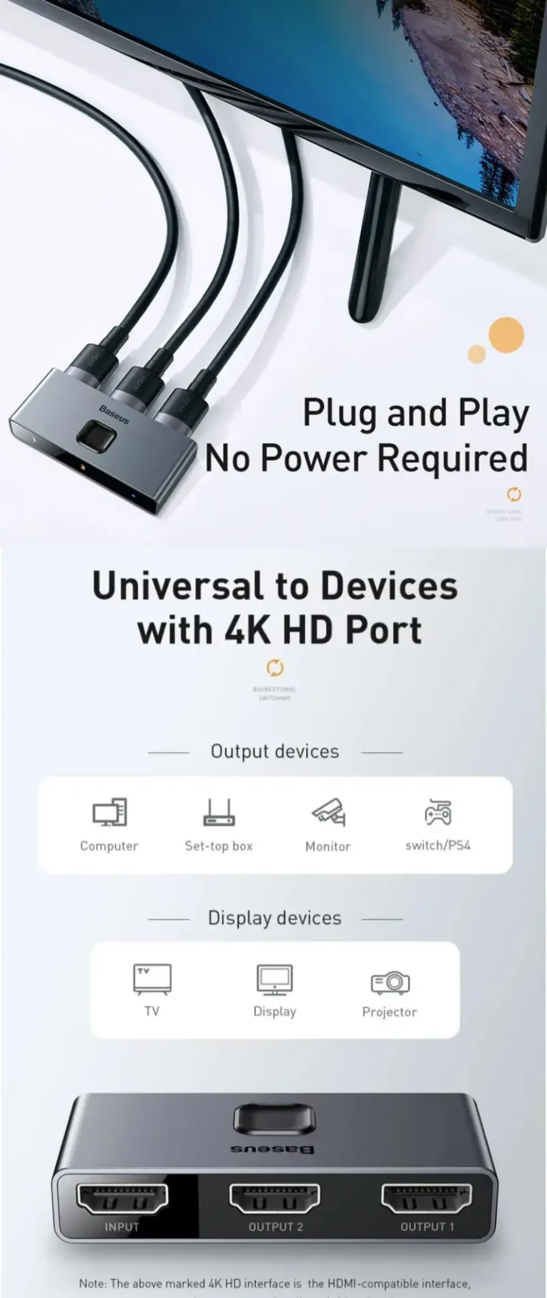Baseus Matrix HDMI Splitter 4K HDMI Switch Adapter HDMI Switcher 2 in 1 out