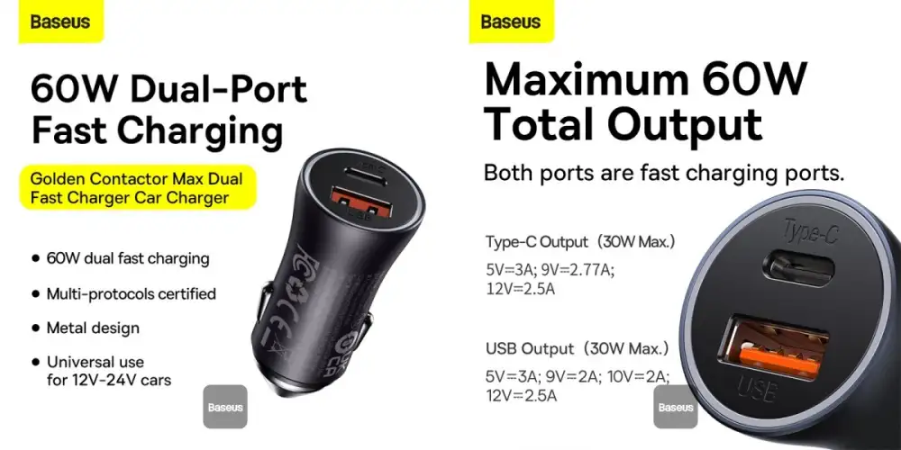 Baseus Golden Contactor Max Dual Fast Charger Car Charger U+C 60W Dark Gray