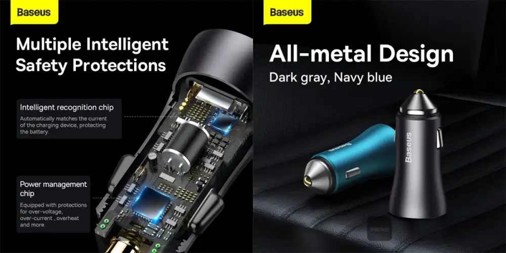 Baseus Golden Contactor Max Dual Fast Charger Car Charger U+C 60W Dark Gray