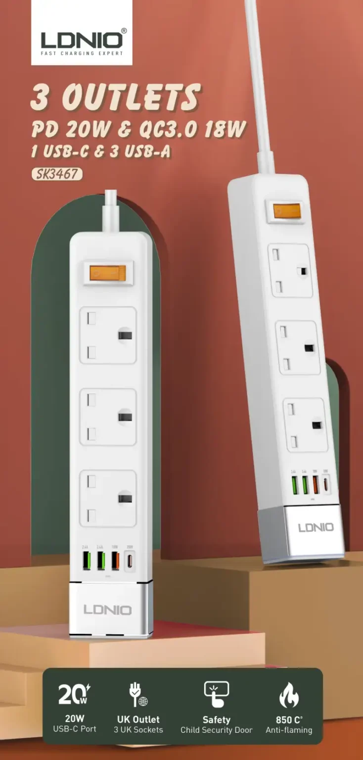 LDNIO SK3467 3 Power Socket 3 USB 1 Type-C Port Extension Adapter UK Plug