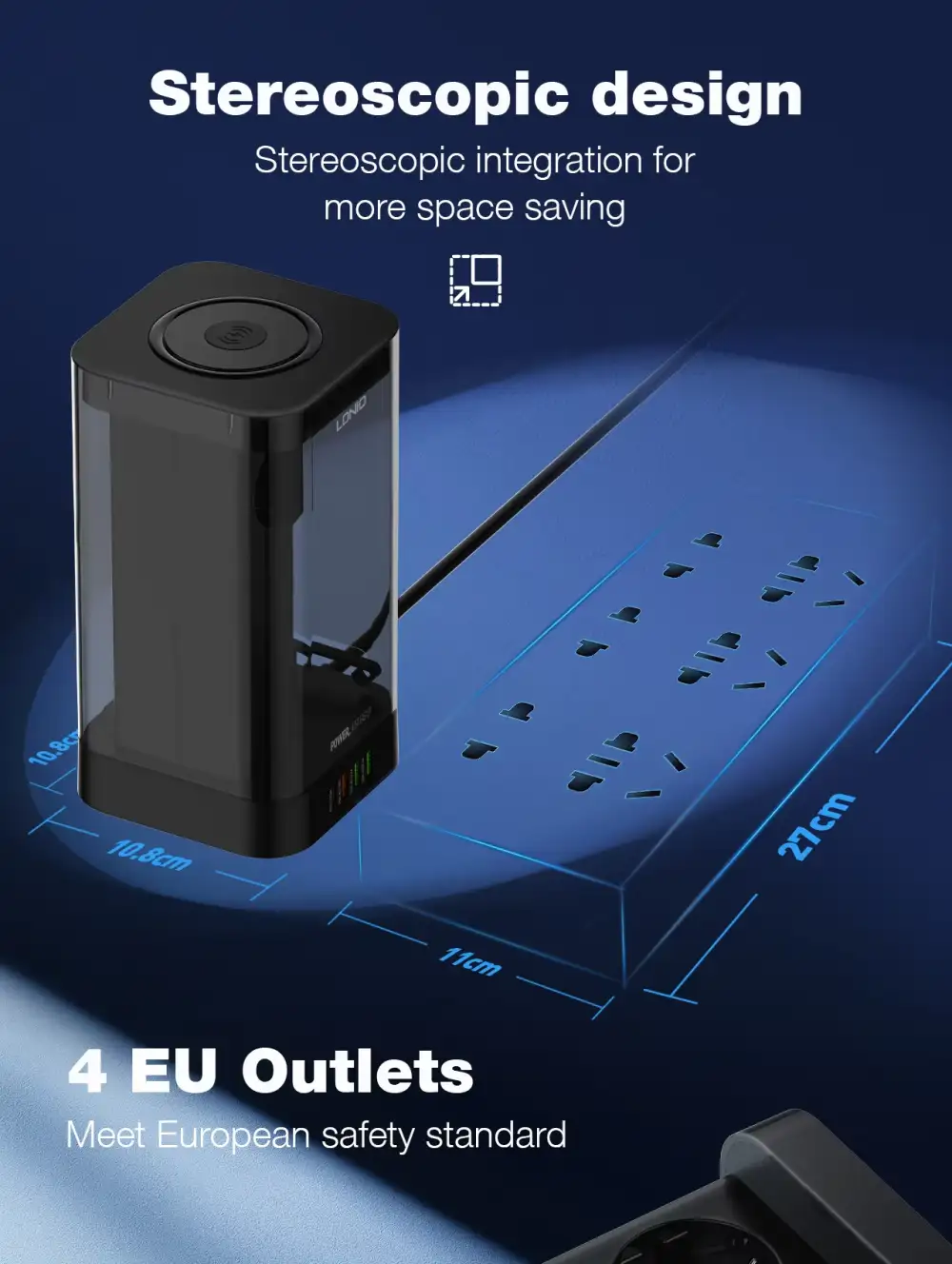 LDNIO SEW4485 Multiple 2500w Tower Power Strip 32W USB Output With Wireless Charging