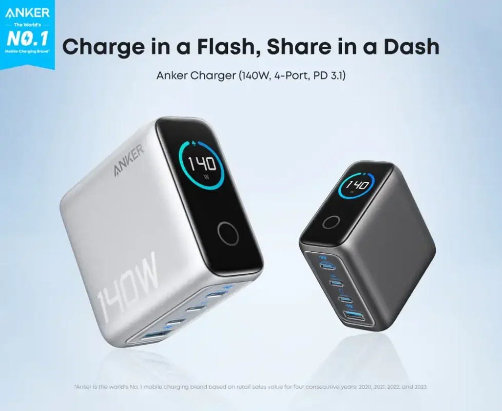 Anker Laptop Charger 140W 4-Port PD 3.1 with Touch Control USB-C Cable (B2697)