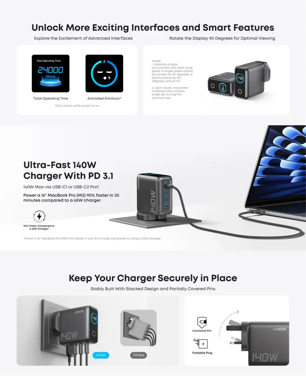 Anker Laptop Charger 140W 4-Port PD 3.1 with Touch Control USB-C Cable (B2697)