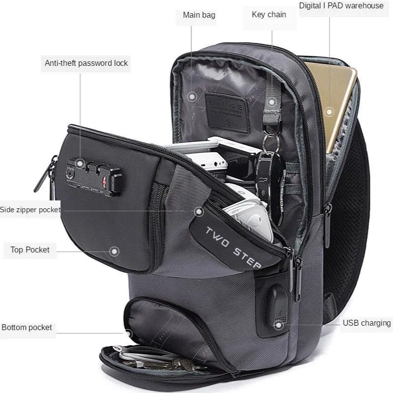BANGE BG-7082 Anti-theft TSA Lock Crossbody Bag Waterproof Chest Pack with External USB Port