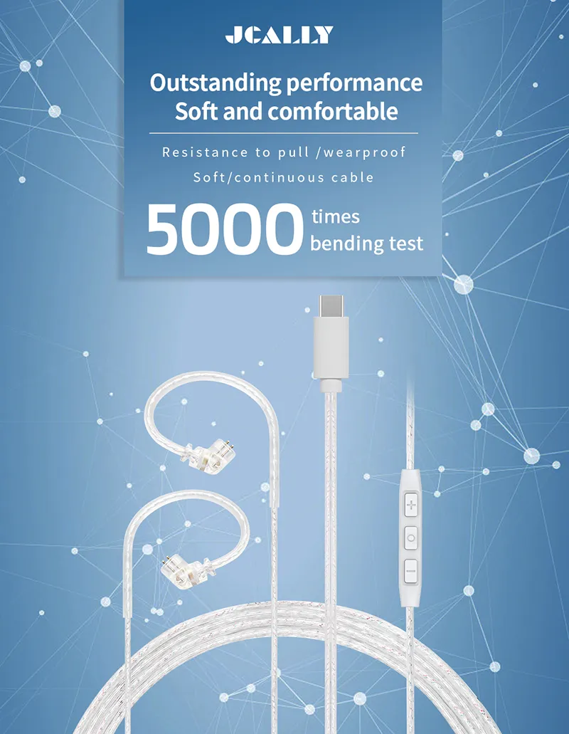 JCALLY PJ3 5N OFC Silver-plated Earphone Cable Built-in DAC Chip with Mic Type C Straight Plug Line