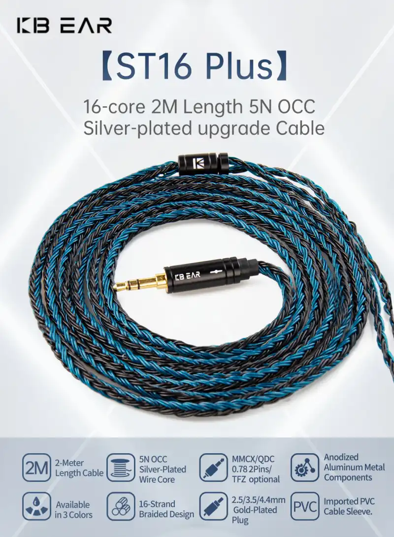 KBEAR ST16 Plus Crystal 16 Cores 2M Long Upgrade Cable 5N Single Copper Silver-plated
