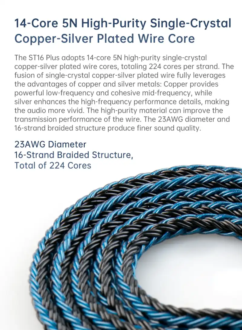 KBEAR ST16 Plus Crystal 16 Cores 2M Long Upgrade Cable 5N Single Copper Silver-plated