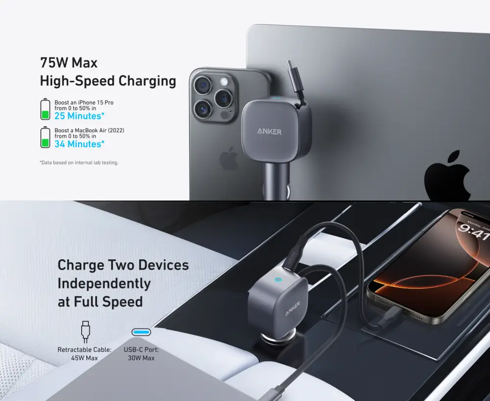 Anker Nano 75W Car Charger with Built-in Retractable USB-C Cable (A2738)
