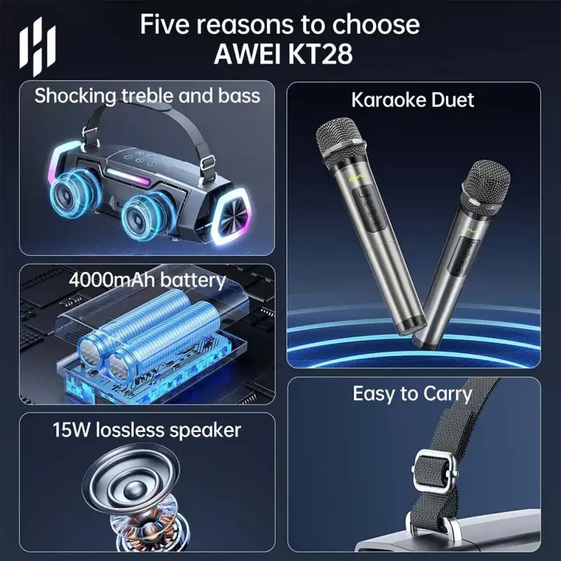Awei KT28 Portable Karaoke Bluetooth Speaker with Dual Wireless Microphone