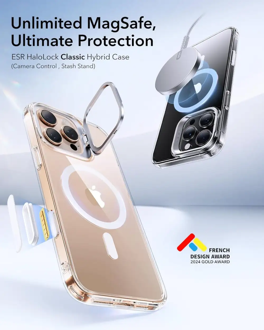 ESR HaloLock Classic Hybrid Case (Camera Control, Stash Stand), Compatible with iPhone 16 Series Clear