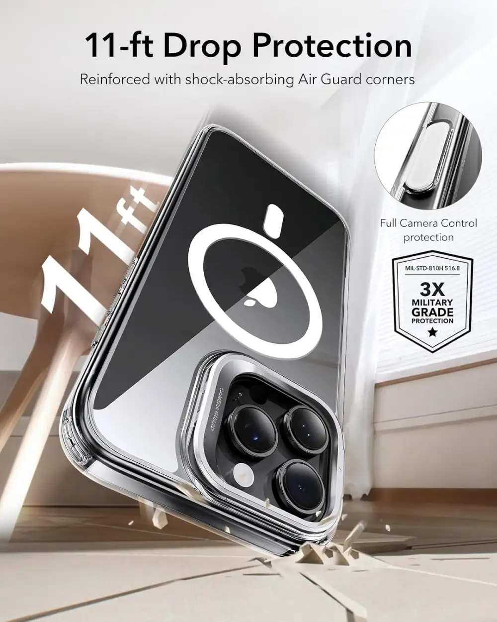 ESR HaloLock Classic Hybrid Case (Camera Control, Stash Stand), Compatible with iPhone 16 Series Clear
