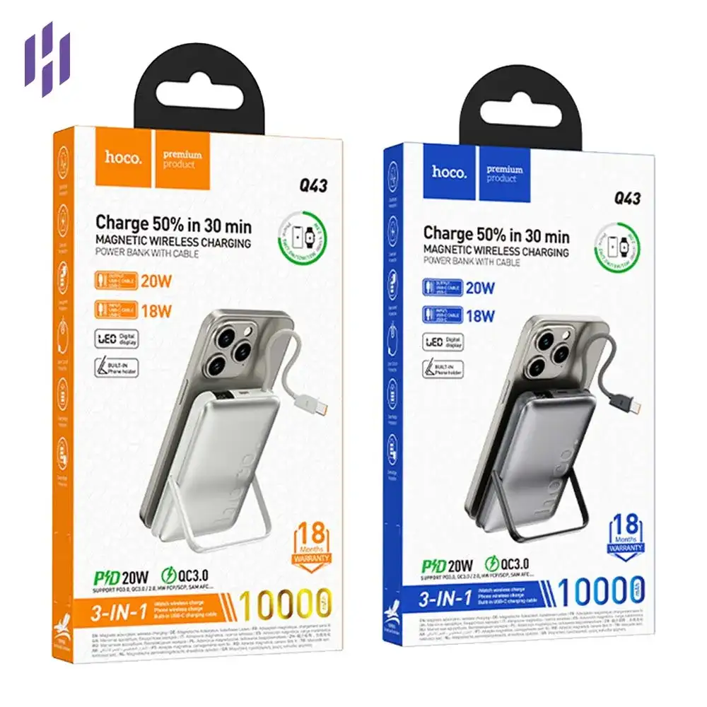 Hoco Q43 10,000mAh 20W Magnetic Wireless Power Bank with Attached Cable & Foldable Stand