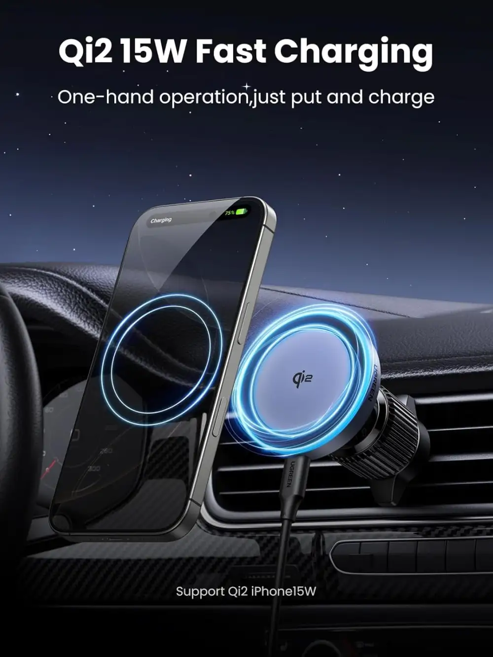 UGREEN W708 Qi2 15W Magnetic Car Wireless Charger (35970)