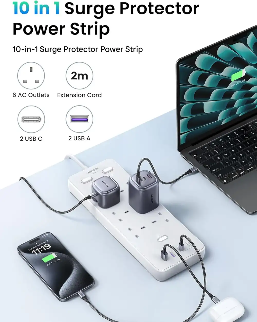 UGREEN S551 (35011) 65W 6-Outlet Surge Protector Power Strip