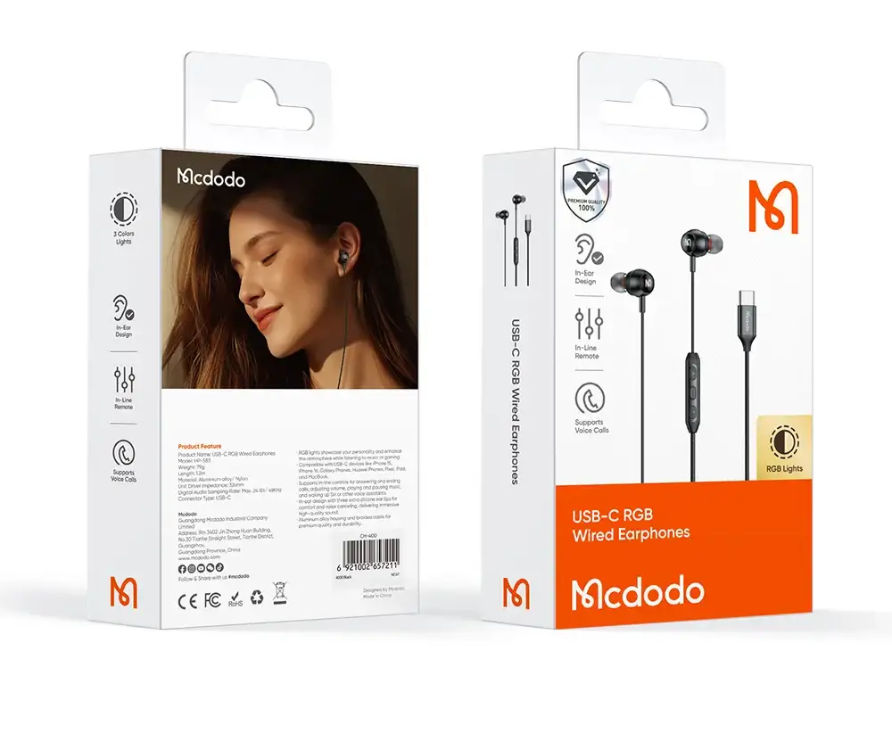 MCDODO HP-5830 USB C Digital Audio Earphones with RGB Lights Type C Wired Earbuds
