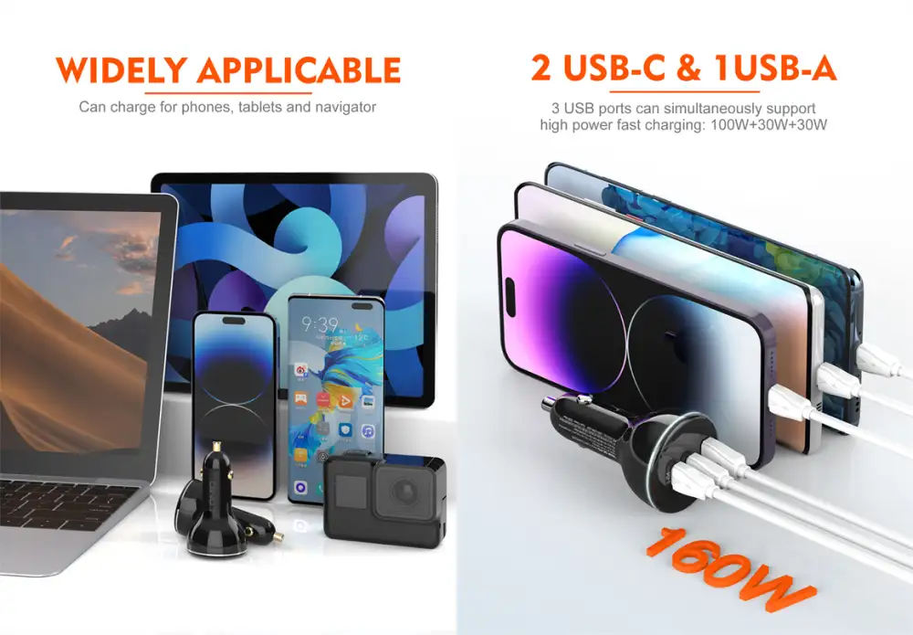 LDNIO C102 160W Trio Port Car Charger with 100W C To C Cable