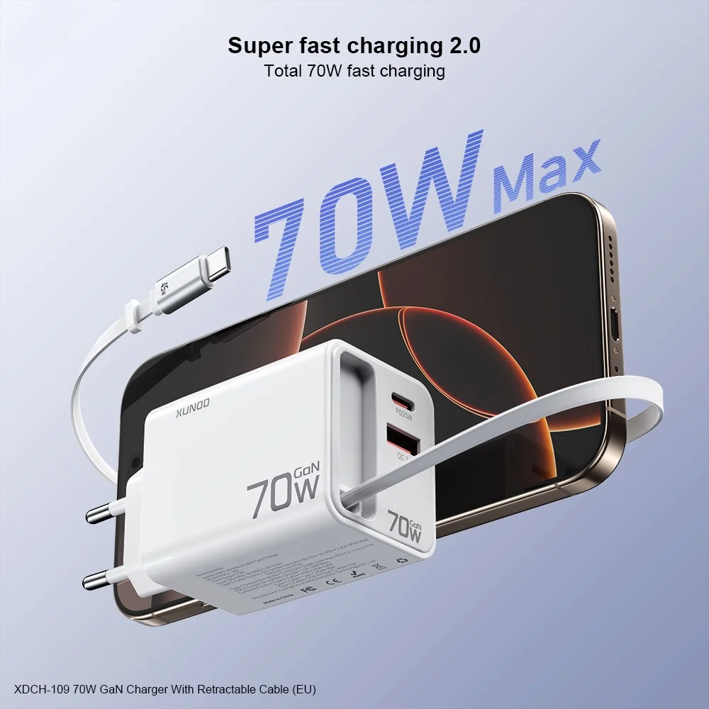 Xundd XDCH-109 70W GaN Fast Charger with Built-in Retractable Charging Cable